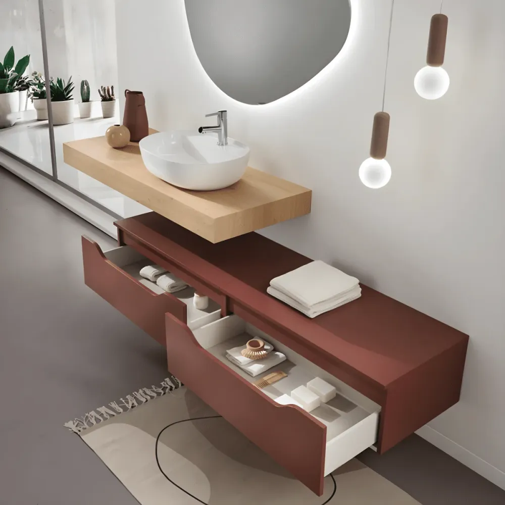 Mobile da bagno sospeso "Sheldon" moderno con doppio modulo top con lavabo