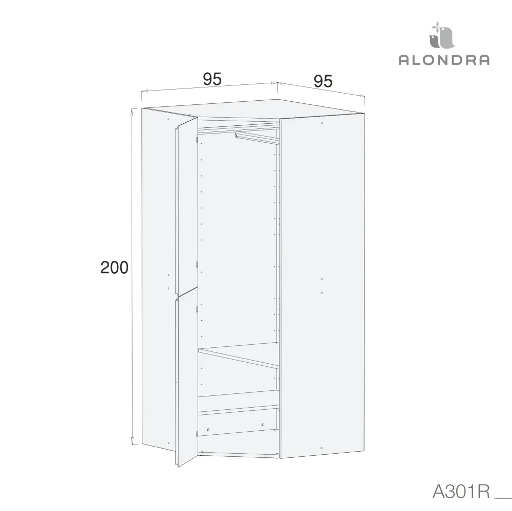 Modulo angolare doppia altezza con 2 barre appendiabiti e 2 ripiani · A301R