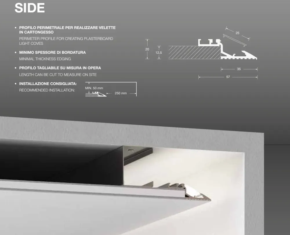 SIDE Profilo angolare interno scomparsa per luce indiretta per Strip LED