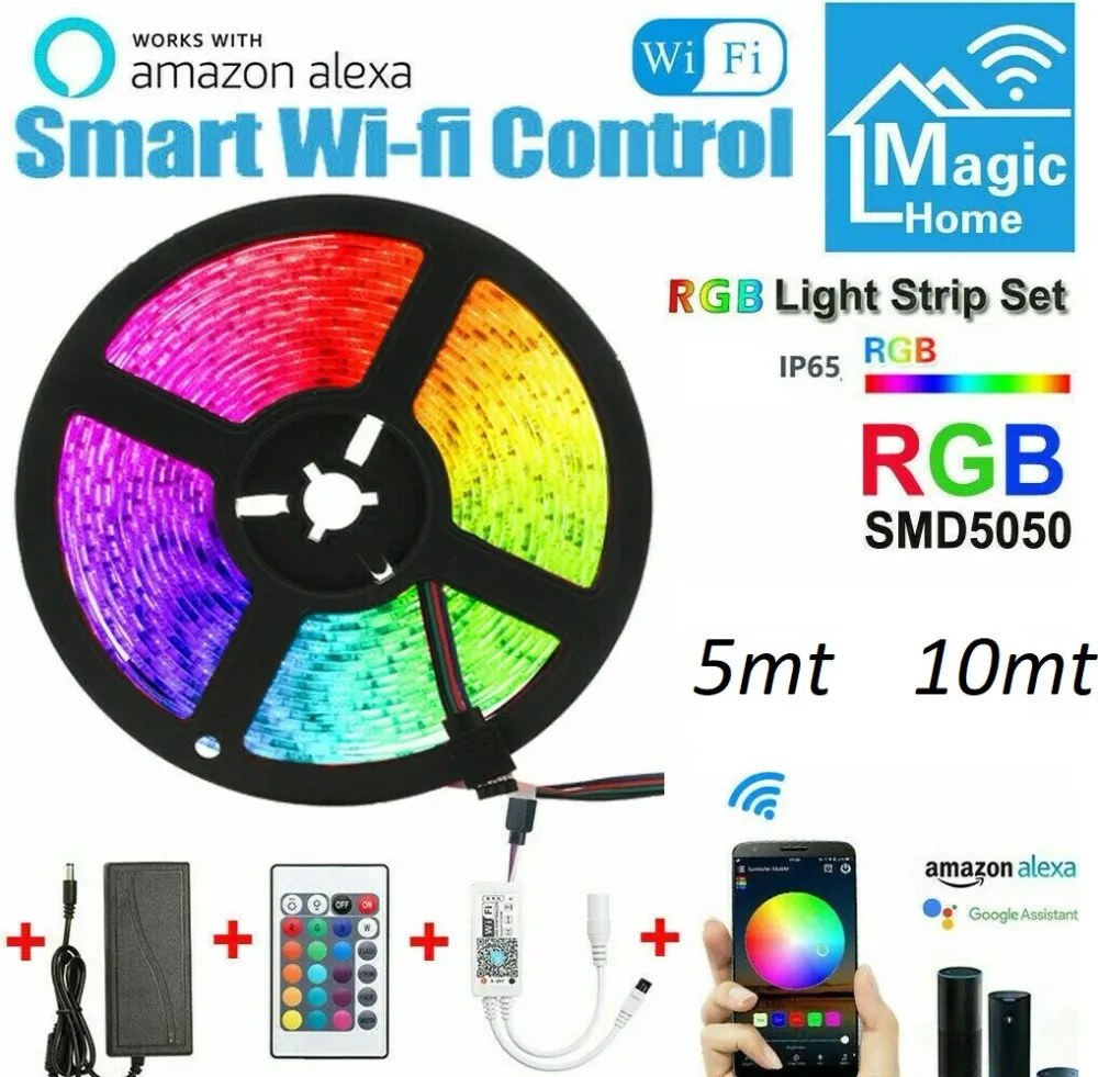 Smart Striscia LED Alexa 5M Google Home WiFi 5050 RGB SMD KIT Strip LED IP65