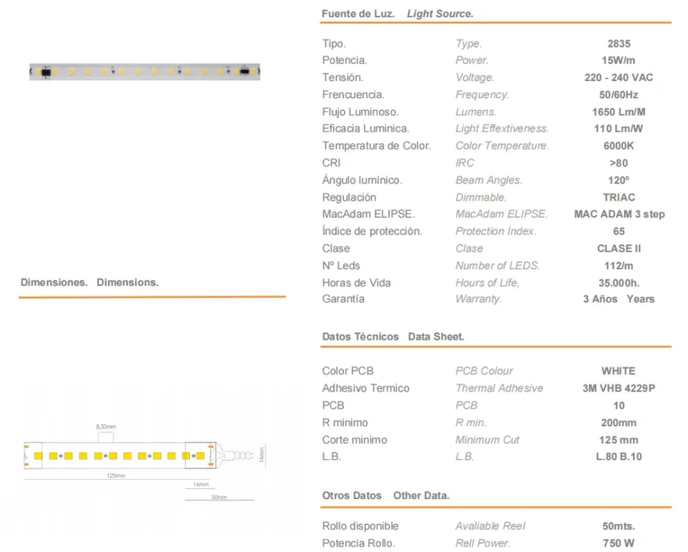 Strip LED FINE-32 CHIP 2835 230VAC 15W/M 6000K IP65 - 50 mt.