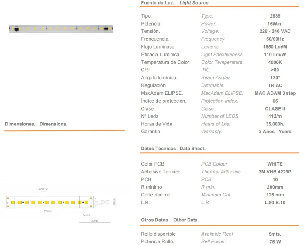 Strip LED FINE-32 CHIP 2835 230VAC 15W/M 4000K IP65 - 5 mt.