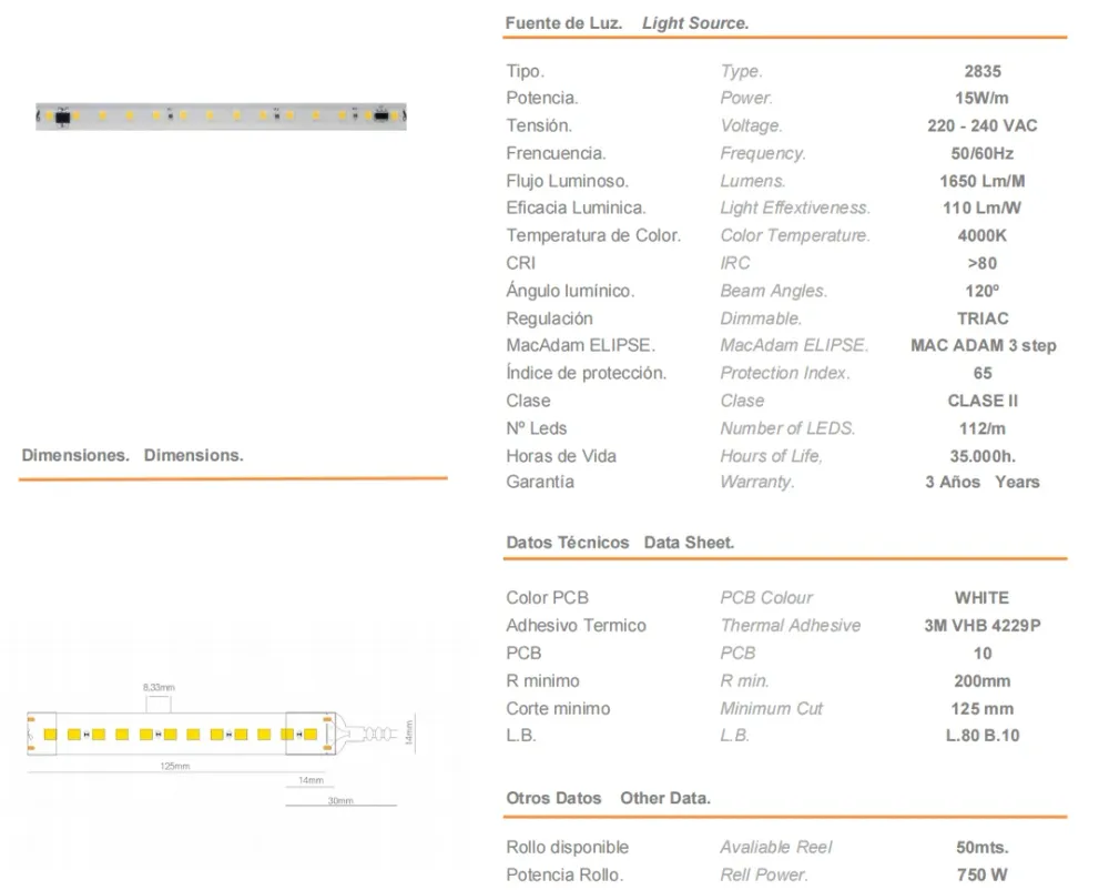 Strip LED FINE-32 CHIP 2835 230VAC 15W/M 4000K IP65 - 50 mt.