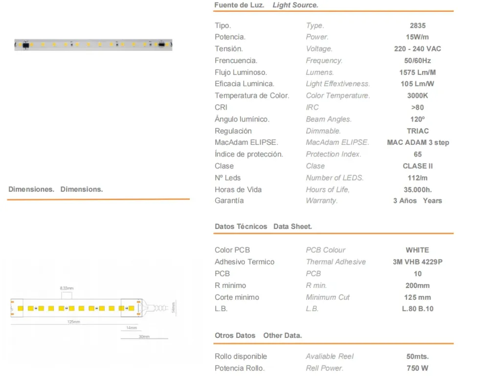 Strip LED FINE-32 CHIP 2835 230VAC 15W/M 3000K IP65 - 50 mt.