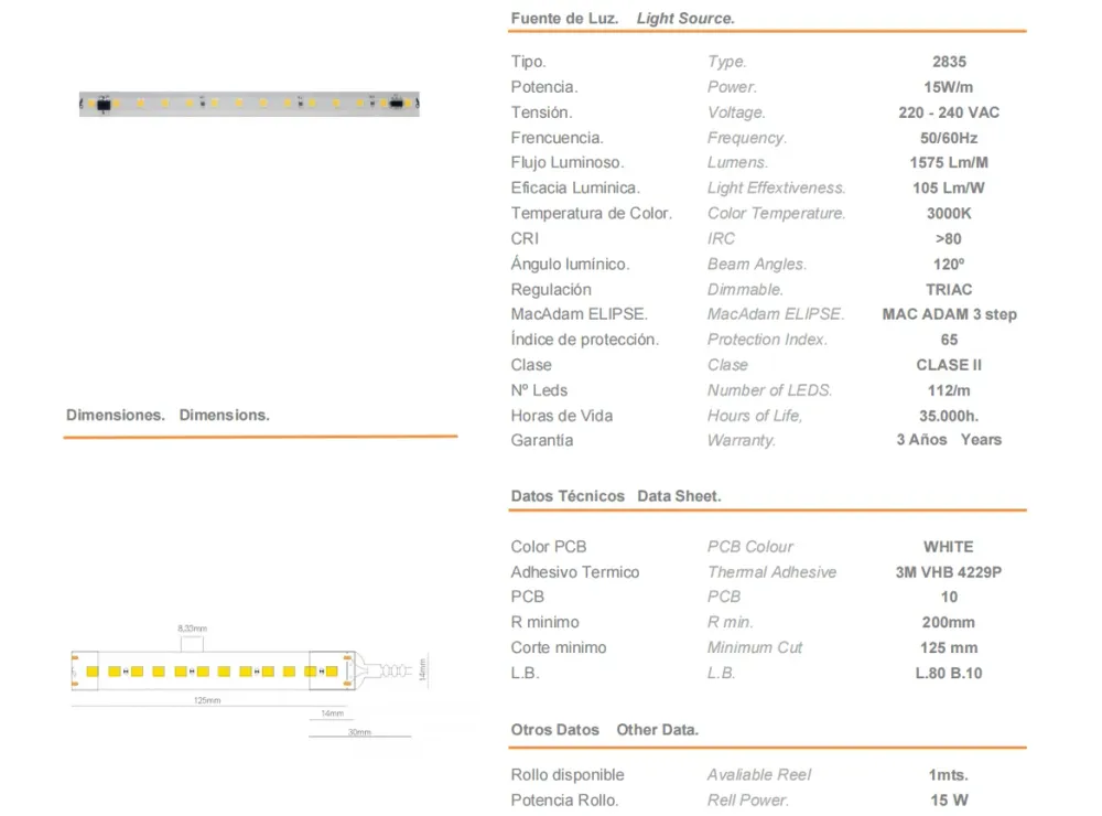 Strip LED FINE-32 CHIP 2835 230VAC 15W/M 3000K IP65 - 1 mt.