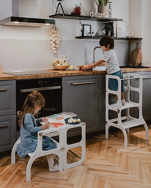Torre Montessoriana Convertibile Step'n'Sit, Bianco con Cinghie Oro Ette Tete