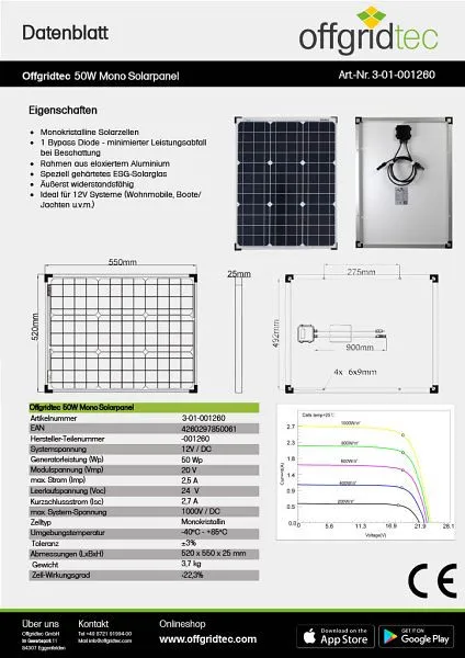 Pannello solare Offgridtec 50W MONO 12V efficienza >22% 3-01-001260