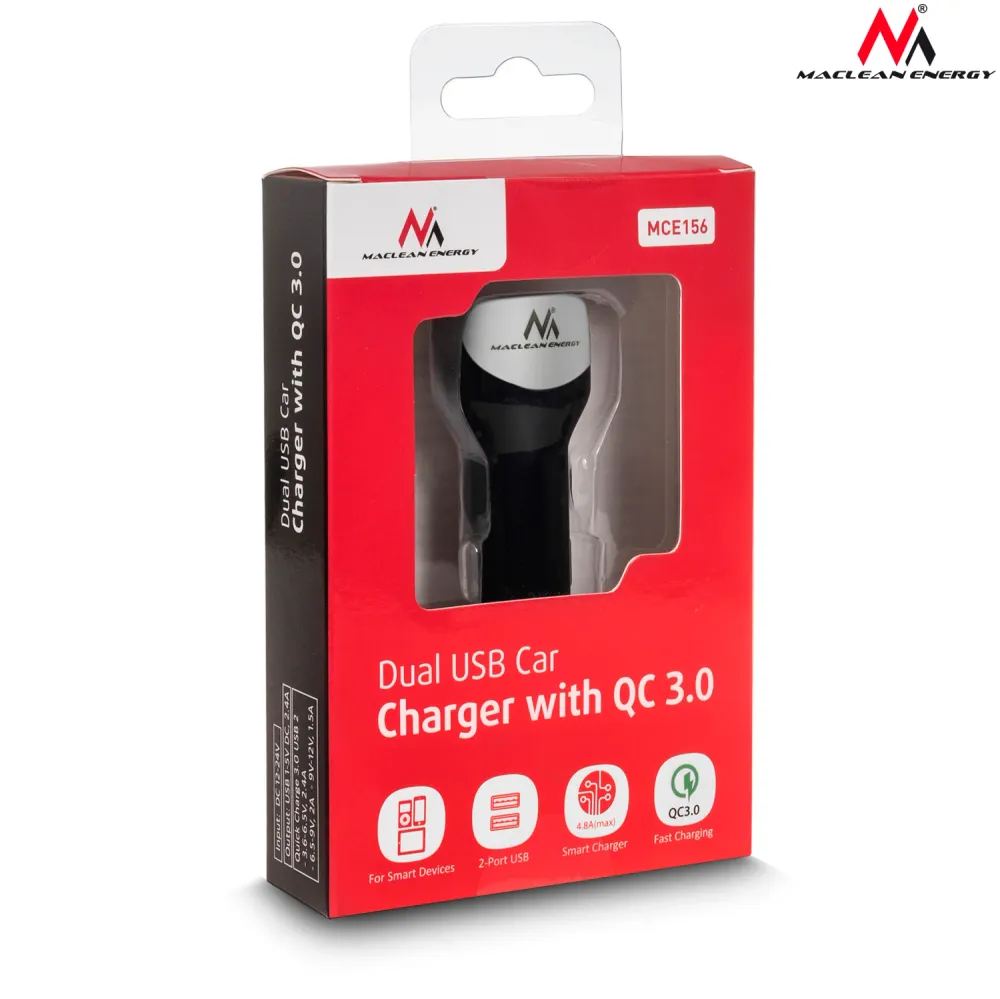 Maclean MCE157 Car Charger Binario USB Quick Charge QC 3.0 Universal Smart IC 1.5m 2.4A