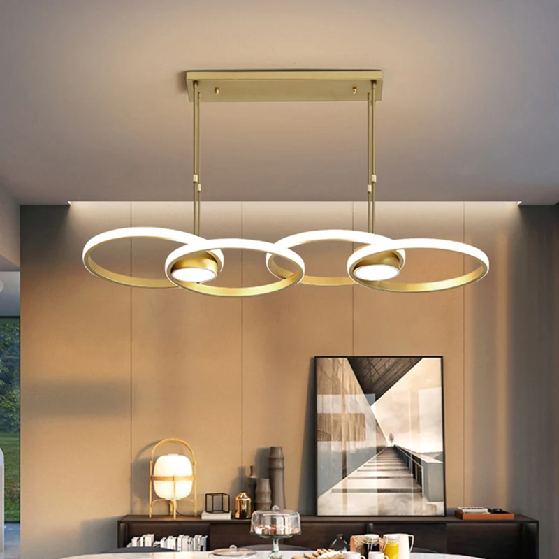 Kit lampada sospensione LED metallo postmoderno Gold Ring Island, luce calda/bianca