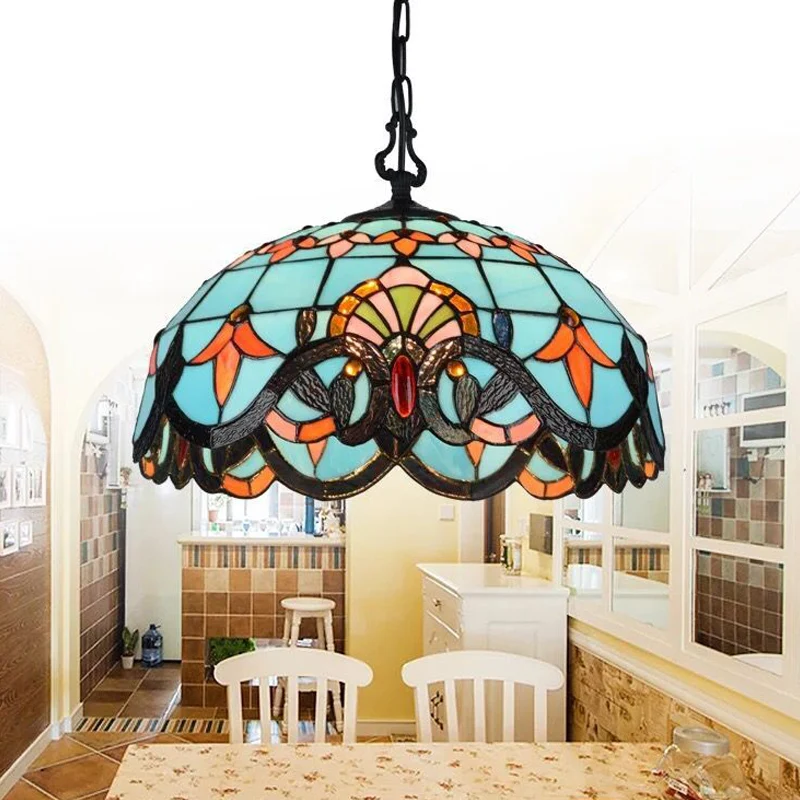 Kit lampada sospensione vetro tagliato blu da 12"/16" W. Lampada sospensione mediterranea cupola 1 luce