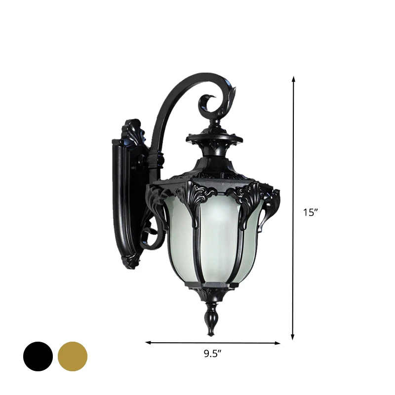 Lampada da esterno Acorn Sconce Lodge Lampada da parete vetro bianco 1 luce con finitura nera/ottone con braccio spirale