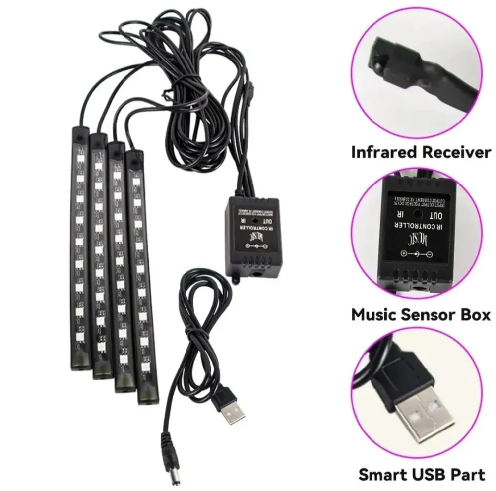 STRISCIA INTERNI AUTO VANO PIEDI 36 LED APP RGB LUCI ATMOSFERA AMBIENTE USB 5V Ac Accessori Auto