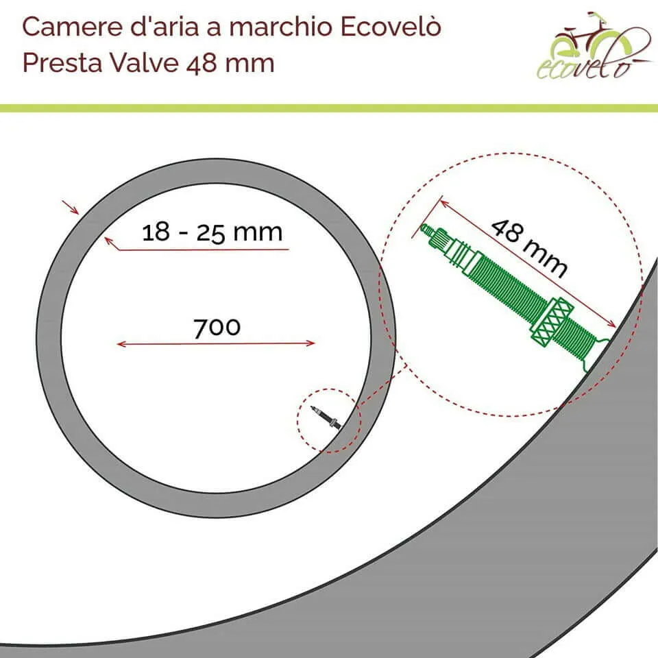 camera aria 700 x 18 / 25c valvola presta francese 48 mm bicicletta strada