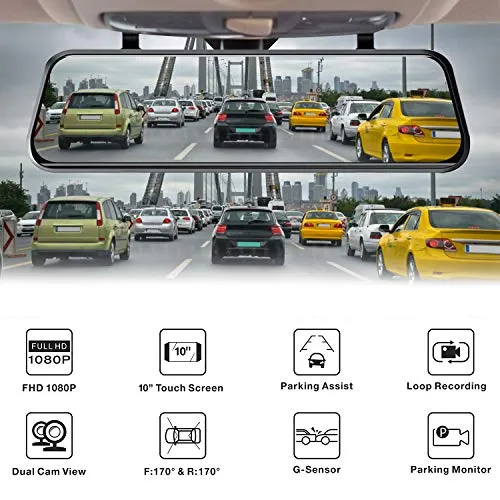 HALUM Telecamera per Auto da 10 pollici Touchscreen Full HD 1080P, 10