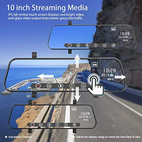 HALUM Telecamera per Auto da 10 pollici Touchscreen Full HD 1080P, 10