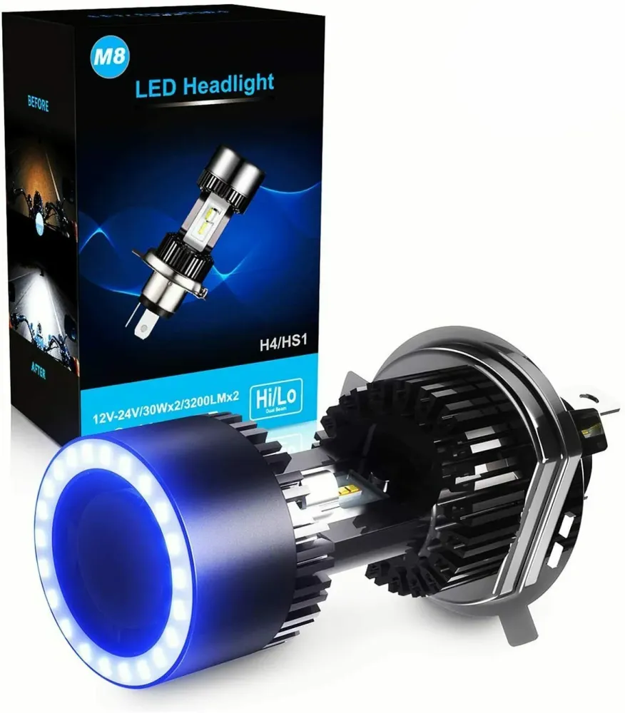 Lampadina H4 LED per Moto con Occhi Angelo, 6400LM, DC 12V 6000K, 1 Lampada