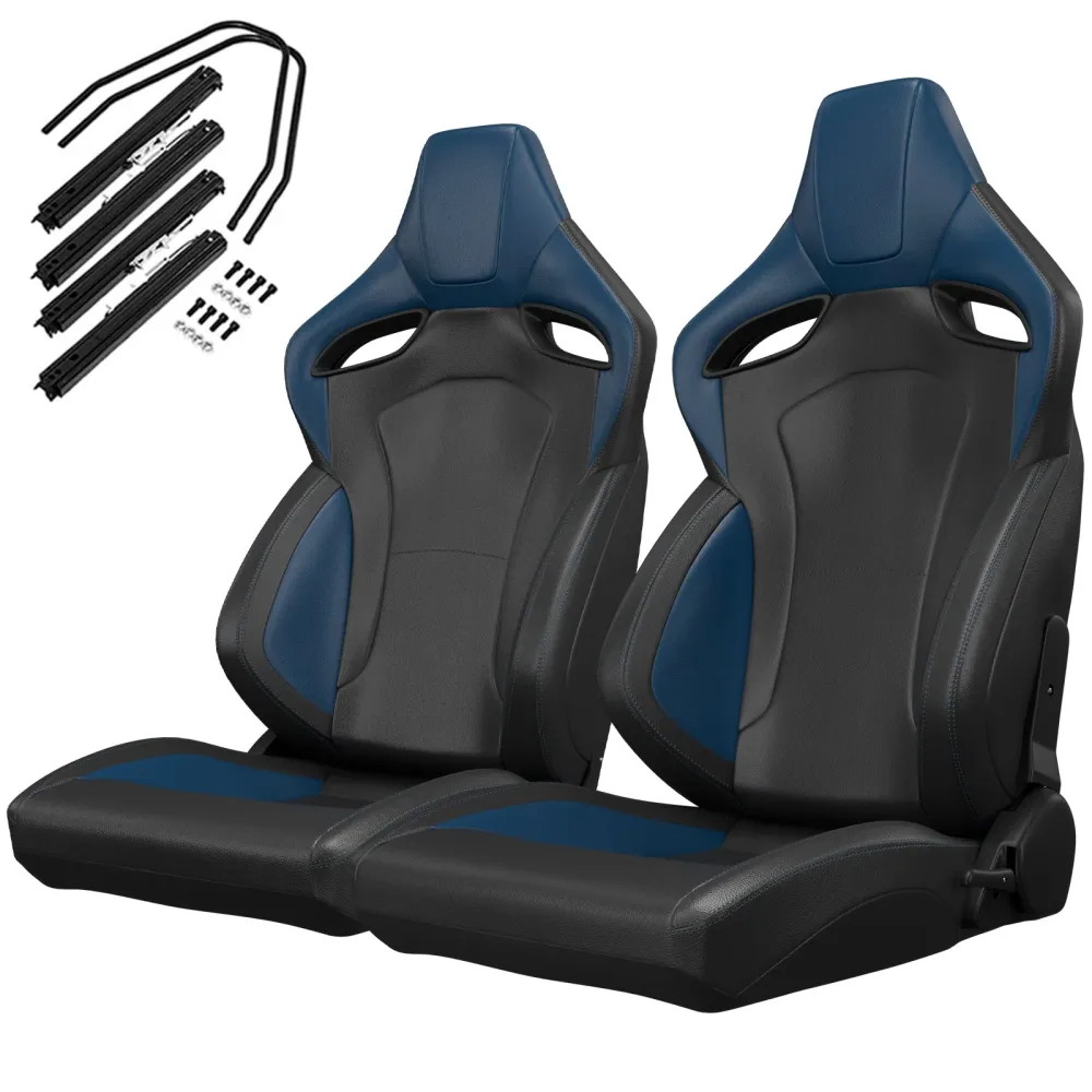 2 pezzi nuovi sedili da corsa universali secchiello con cuciture blu pelle PVC reclinabili con schienale pelle effetto car...
