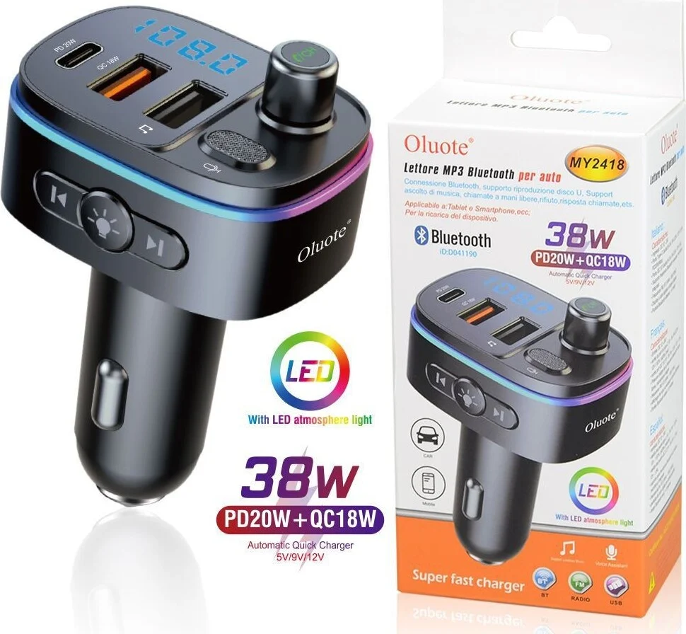 Trasmettitore Fm Bluetooth Per Auto 2 Porte Usb Led Tf Pd 38w Lettore Mp3 My2418